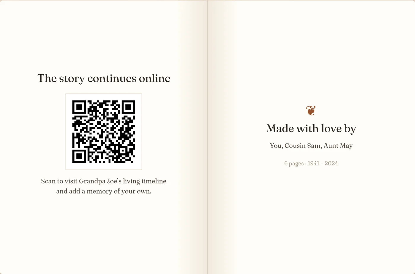 The last pages of the book: a QR code linking to the online timeline and a Made with love by page